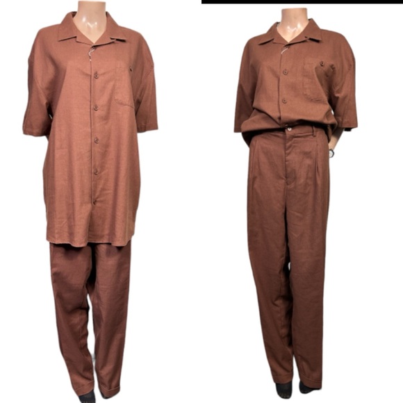 St Patrick Leisure Suit Brown Linen  2 piece outfit set Size L 40 X 32 - Picture 1 of 16